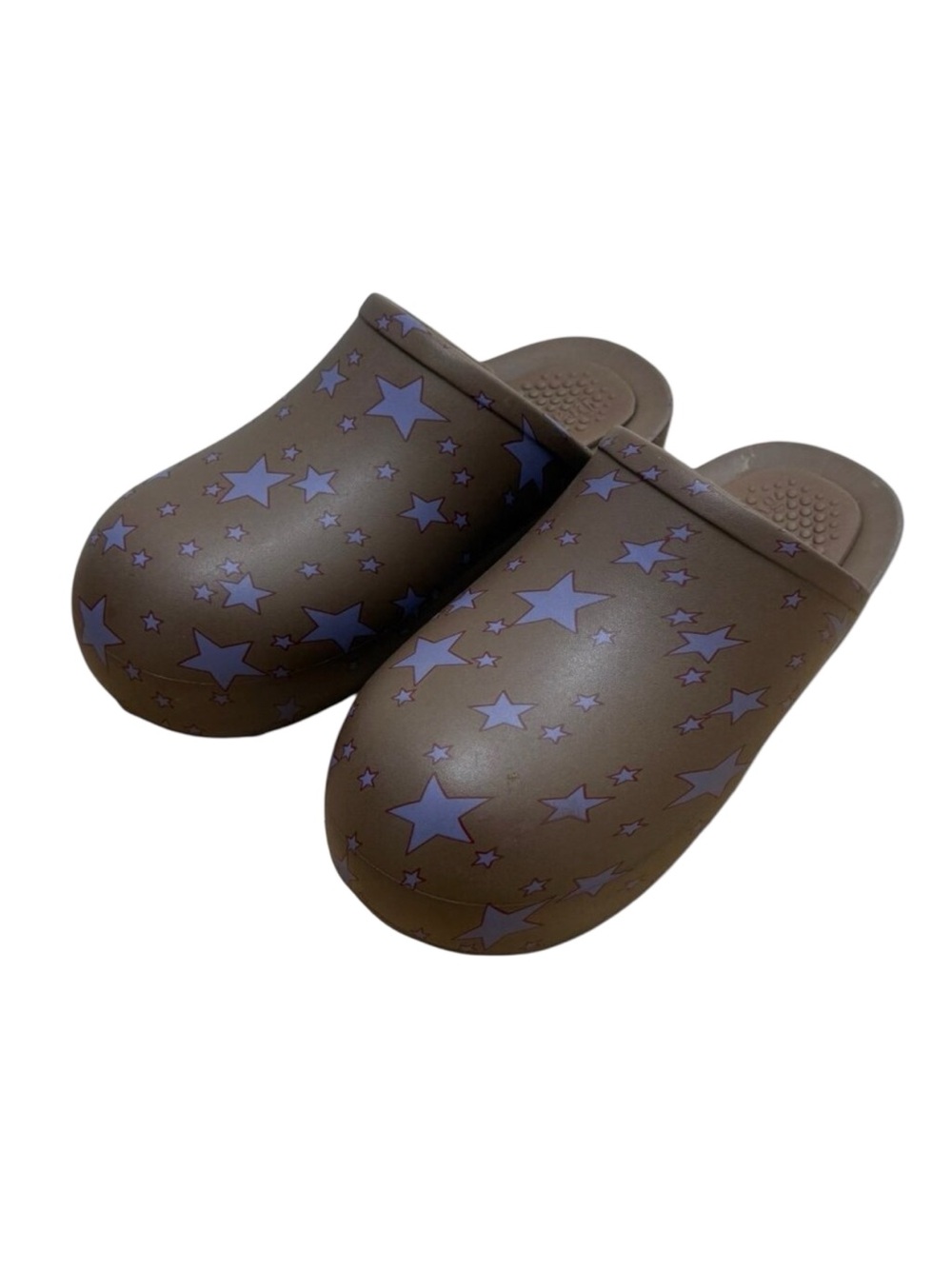 Women’s Praying Star Print Rubber Clogs Brown Purple Size 9